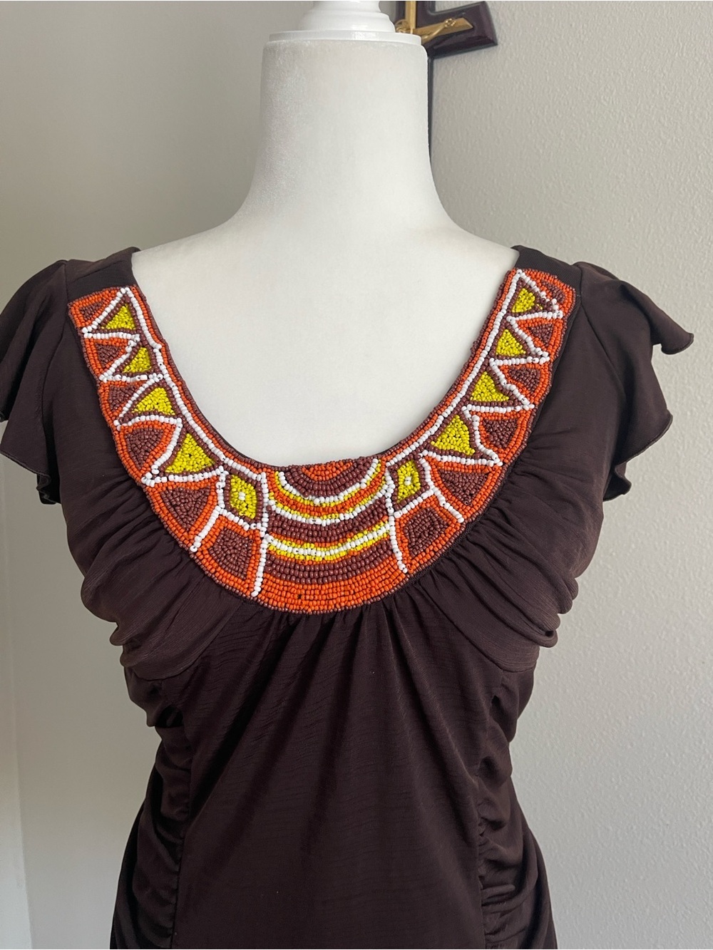 AB Studio Brown Top with Orange and Yellow Beaded Scoop Neck - Picture 2 of 6
